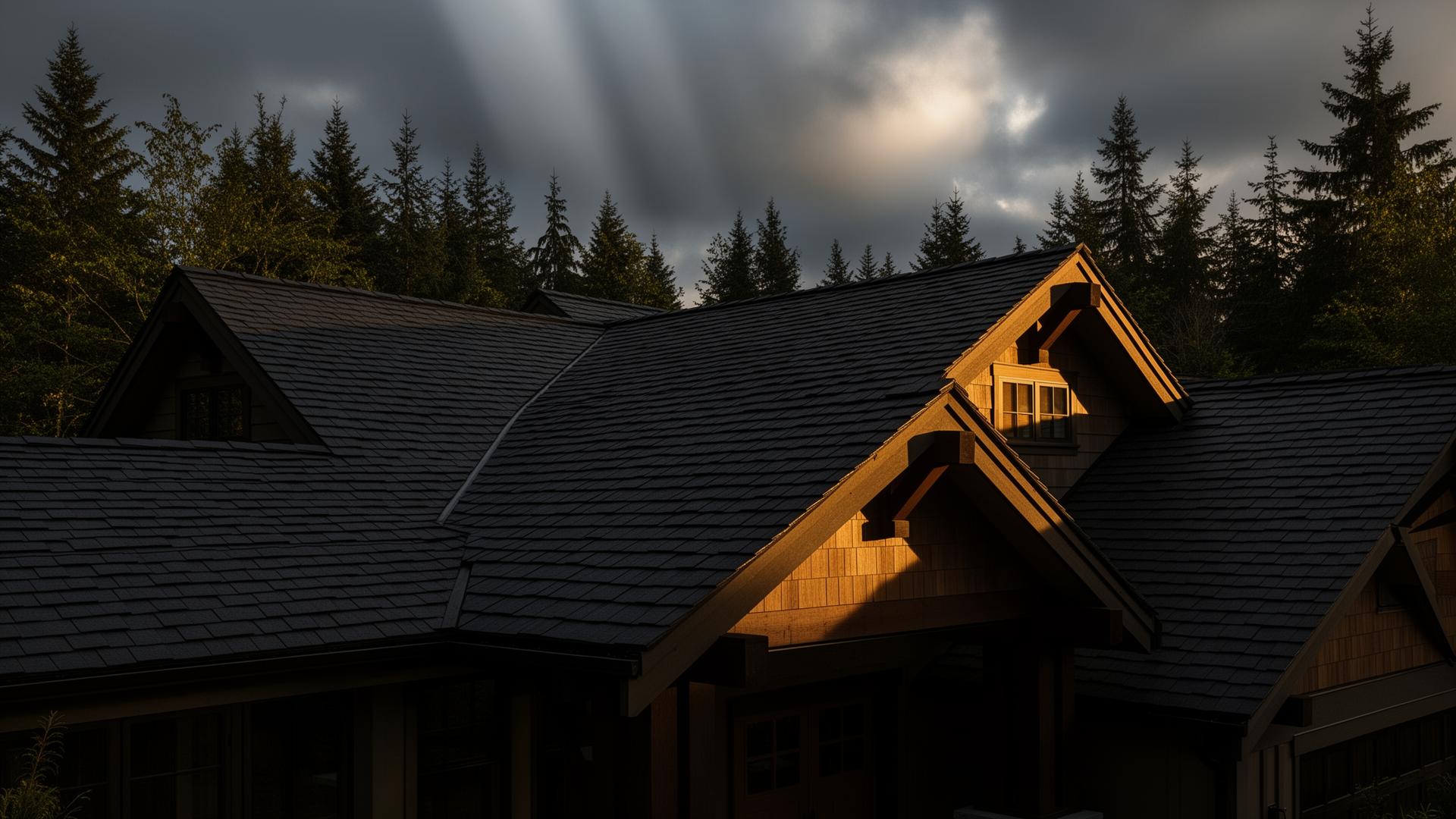 Newly installed dark architectural shingle roof on a Pacific Northwest craftsman home